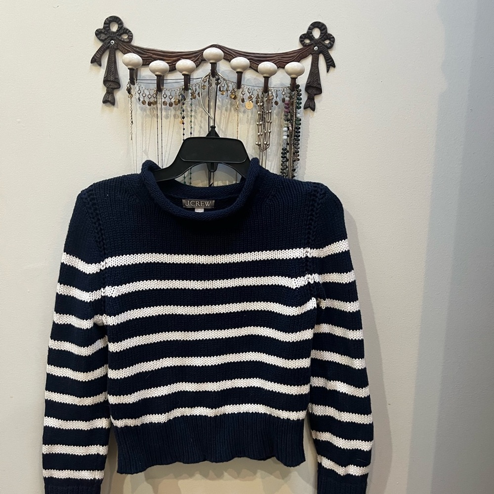 J. Crew Navy and White Striped Turtleneck Sweater